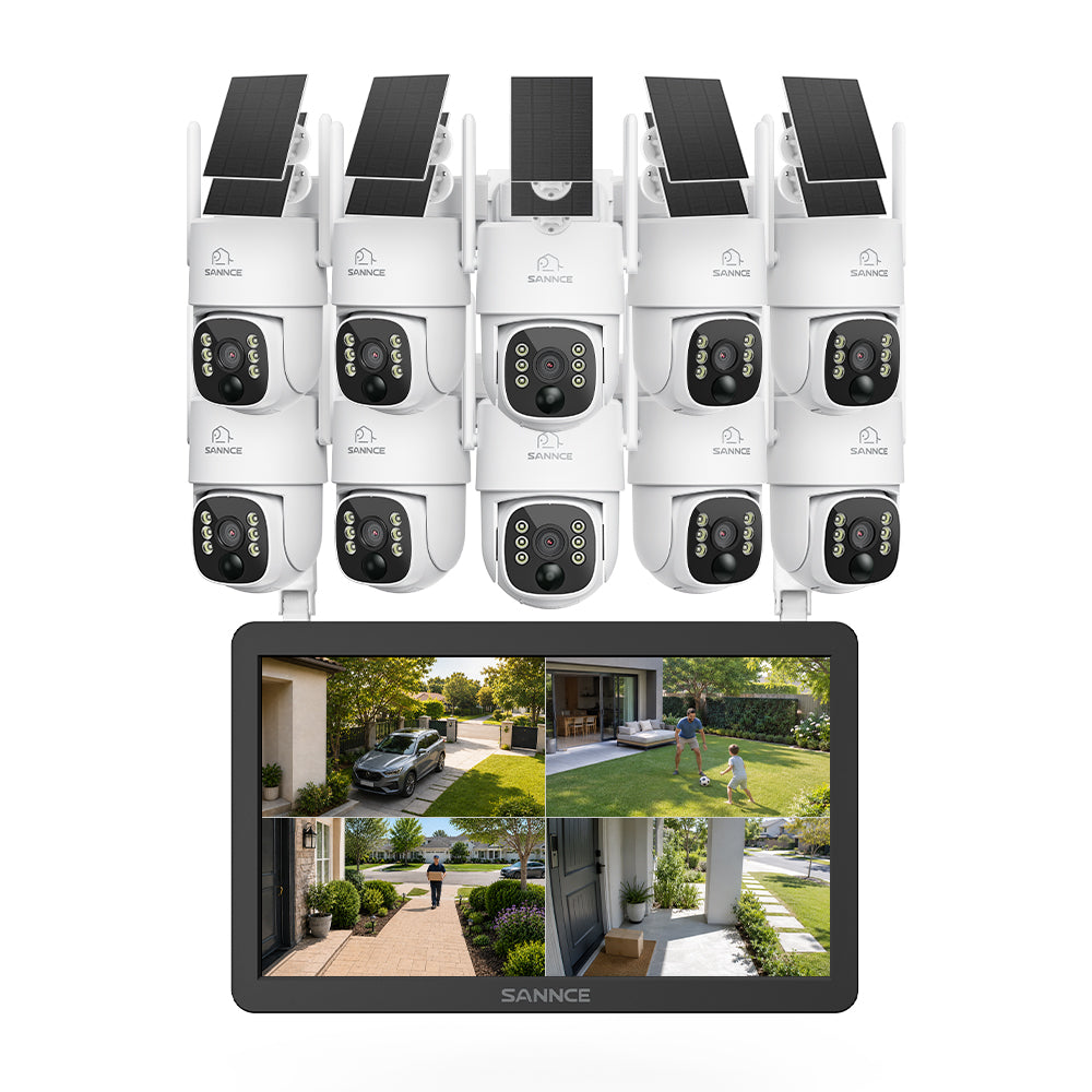 Système de vidéosurveillance WiFi 4MP avec écran NVR 10,1", 10 canaux & 10 caméras PTZ solaires, IA + PIR, batterie 8000 mAh, vision nocturne couleur et audio bidirectionnel