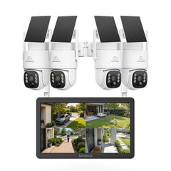 Système de vidéosurveillance WiFi 4MP avec écran NVR 10,1", 10 canaux & 4 caméras PTZ solaires, IA + PIR, batterie 8000 mAh, vision nocturne couleur et audio bidirectionnel