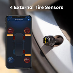 Système de surveillance de la pression des pneus (TPMS), Bluetooth 5.0, 5 modes d’alarme, 4 capteurs TPMS externes, compatible iOS et Android, détection en temps réel de la pression et de la température, facile à installer.