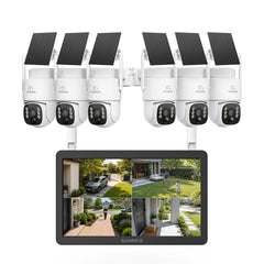 Système de vidéosurveillance WiFi 4MP avec écran NVR 10,1", 10 canaux & 6 caméras PTZ solaires, IA + PIR, batterie 8000 mAh, vision nocturne couleur et audio bidirectionnel