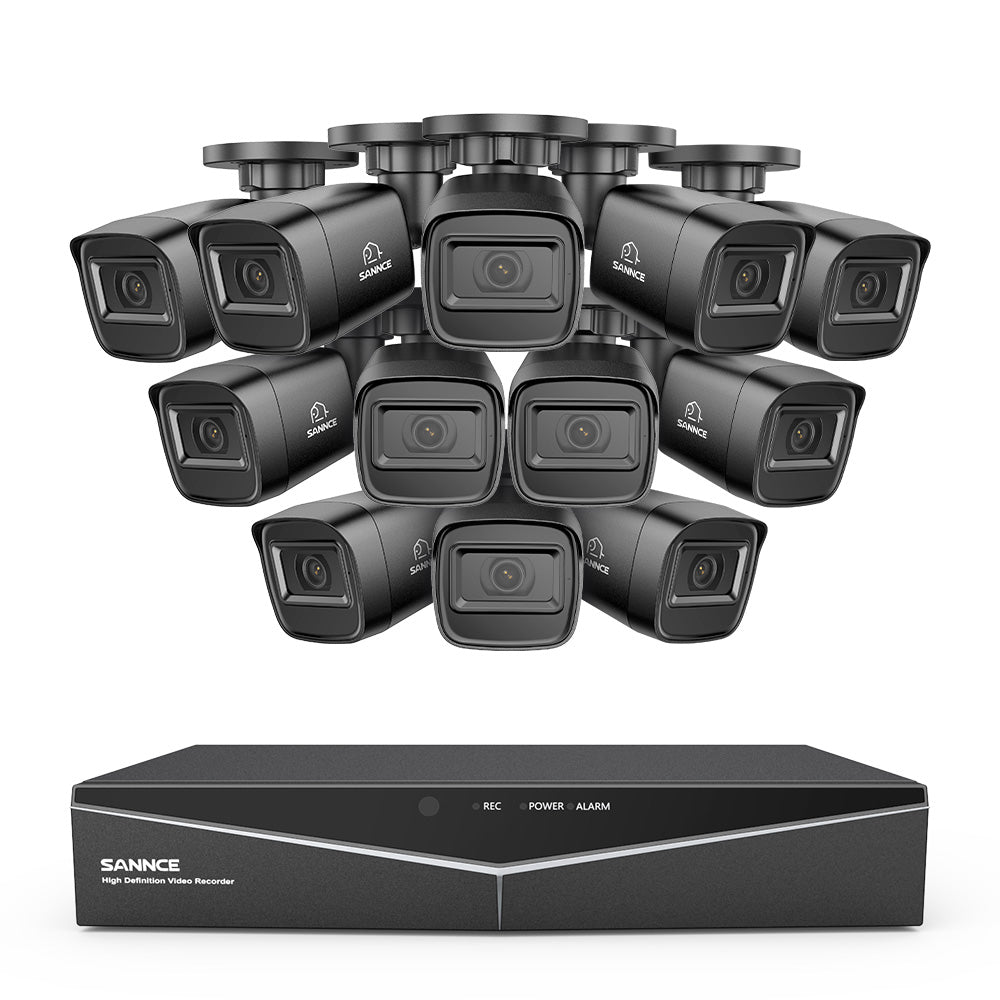 1080p 16 canaux Système de sécurité câblé extérieur avec 12 caméras, détection intelligente de mouvement, vision nocturne infrarouge jusqu'à 100 pieds, résistant aux intempéries IP67