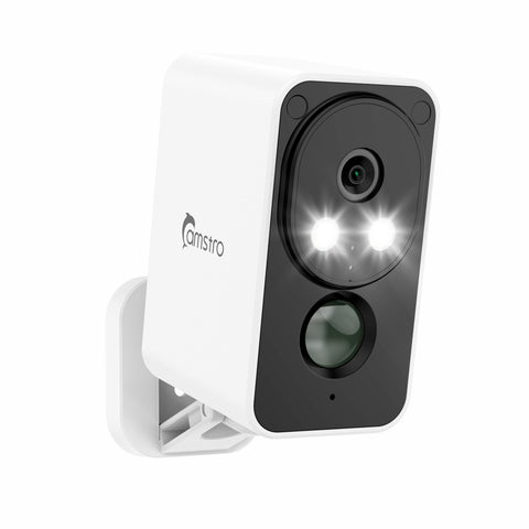 Caméra extérieure sans fil Camstro 2K avec vision nocturne couleur, détection PIR, audio bidirectionnel, IP66, stockage Cloud/Carte SD, compatible Alexa, Wi-Fi 2,4 GHz, batterie rechargeable.