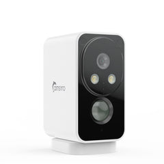 Caméra extérieure sans fil Camstro 2K avec vision nocturne couleur, détection PIR, audio bidirectionnel, IP66, stockage Cloud/Carte SD, compatible Alexa, Wi-Fi 2,4 GHz, batterie rechargeable.