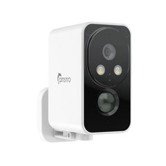 Caméra extérieure sans fil Camstro 2K avec vision nocturne couleur, détection PIR, audio bidirectionnel, IP66, stockage Cloud/Carte SD, compatible Alexa, Wi-Fi 2,4 GHz, batterie rechargeable.