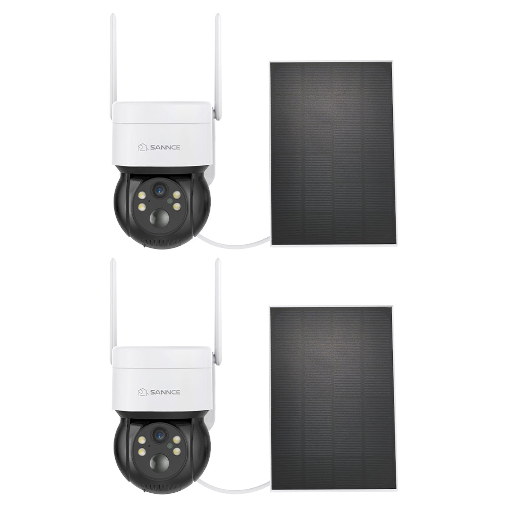 Pack of 2, Caméra IP sans fil Panoramique et Inclinaison 4MP - Alimentation sur Batterie/Solaire, Vision Nocturne Couleur, Audio Bidirectionnel, Compatible avec Alexa, Détection de Forme Humaine par PIR