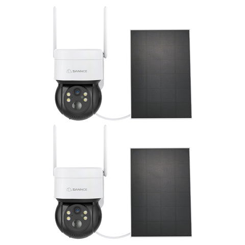 Pack of 2, Caméra IP sans fil Panoramique et Inclinaison 4MP - Alimentation sur Batterie/Solaire, Vision Nocturne Couleur, Audio Bidirectionnel, Compatible avec Alexa, Détection de Forme Humaine par PIR