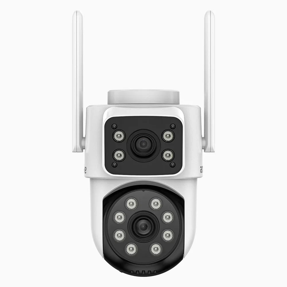 WCD220 - Caméra de Surveillance WiFi Extérieure Double Objectif 4MP, 350° Pan & 90° Tilt, Détection Humaine, Vision Nocturne Double Éclairage, Sirène Active, Audio Bidirectionnel, Cloud & Carte MicroSD jusqu’à 128 Go, Compatible Alexa
