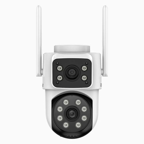 WCD220 - Caméra de Surveillance WiFi Extérieure Double Objectif 4MP, 350° Pan & 90° Tilt, Détection Humaine, Vision Nocturne Double Éclairage, Sirène Active, Audio Bidirectionnel, Cloud & Carte MicroSD jusqu’à 128 Go, Compatible Alexa