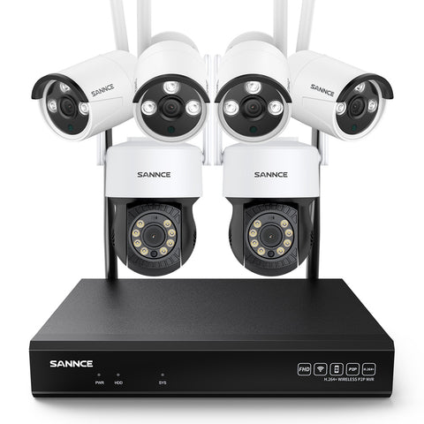 10 Canaux 5MP PT Système de Caméra Sécurité Sans Fil, NVR 8MP, 2 5MP PT Caméra & 4 5MP bullet Caméra, Panoramique & Inclinaison, Audio Bidirectionnel, Étanche IP66, Détection Intelligente de l'IA Humaine, Compatible Avec Alexa