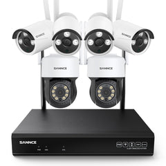 10 Canaux 5MP PT Système de Caméra Sécurité Sans Fil, NVR 8MP, 2 5MP PT Caméra & 4 5MP bullet Caméra, Panoramique & Inclinaison, Audio Bidirectionnel, Étanche IP66, Détection Intelligente de l'IA Humaine, Compatible Avec Alexa