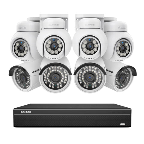 16 canaux 4K PoE PTZ Système de caméras de sécurité, 8MP caméras IP PoE extérieures , Pan & Tilt, NVR compatible ONVIF, audio bidirectionnel, détection intelligente humaine/vehicule (4x caméras PT+4x caméras IP)