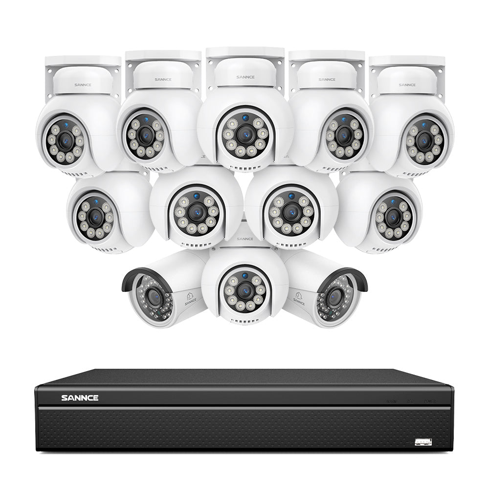 16 canaux 4K PoE PTZ Système de caméras de sécurité, 8MP caméras IP PoE extérieures , Pan & Tilt, NVR compatible ONVIF, audio bidirectionnel, détection intelligente humaine/vehicule (10x caméras PT+2x caméras IP)