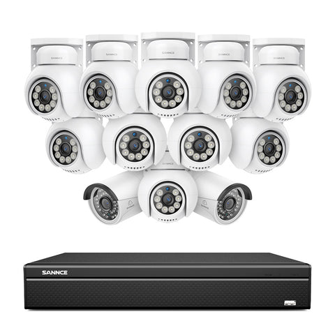 16 canaux 4K PoE PTZ Système de caméras de sécurité, 8MP caméras IP PoE extérieures , Pan & Tilt, NVR compatible ONVIF, audio bidirectionnel, détection intelligente humaine/vehicule (10x caméras PT+2x caméras IP)