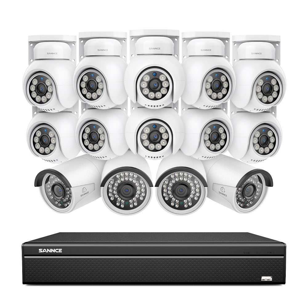16 canaux 4K PoE PTZ Système de caméras de sécurité, 8MP caméras IP PoE extérieures , Pan & Tilt, NVR compatible ONVIF, audio bidirectionnel, détection intelligente humaine/vehicule (10x caméras PT+4x caméras IP)
