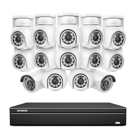 16 canaux 4K PoE PTZ Système de caméras de sécurité, 8MP caméras IP PoE extérieures , Pan & Tilt, NVR compatible ONVIF, audio bidirectionnel, détection intelligente humaine/vehicule (12x caméras PT+2x caméras IP)