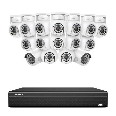 16 canaux 4K PoE PTZ Système de caméras de sécurité, 8MP caméras IP PoE extérieures , Pan & Tilt, NVR compatible ONVIF, audio bidirectionnel, détection intelligente humaine/vehicule (14x caméras PT+2x caméras IP)