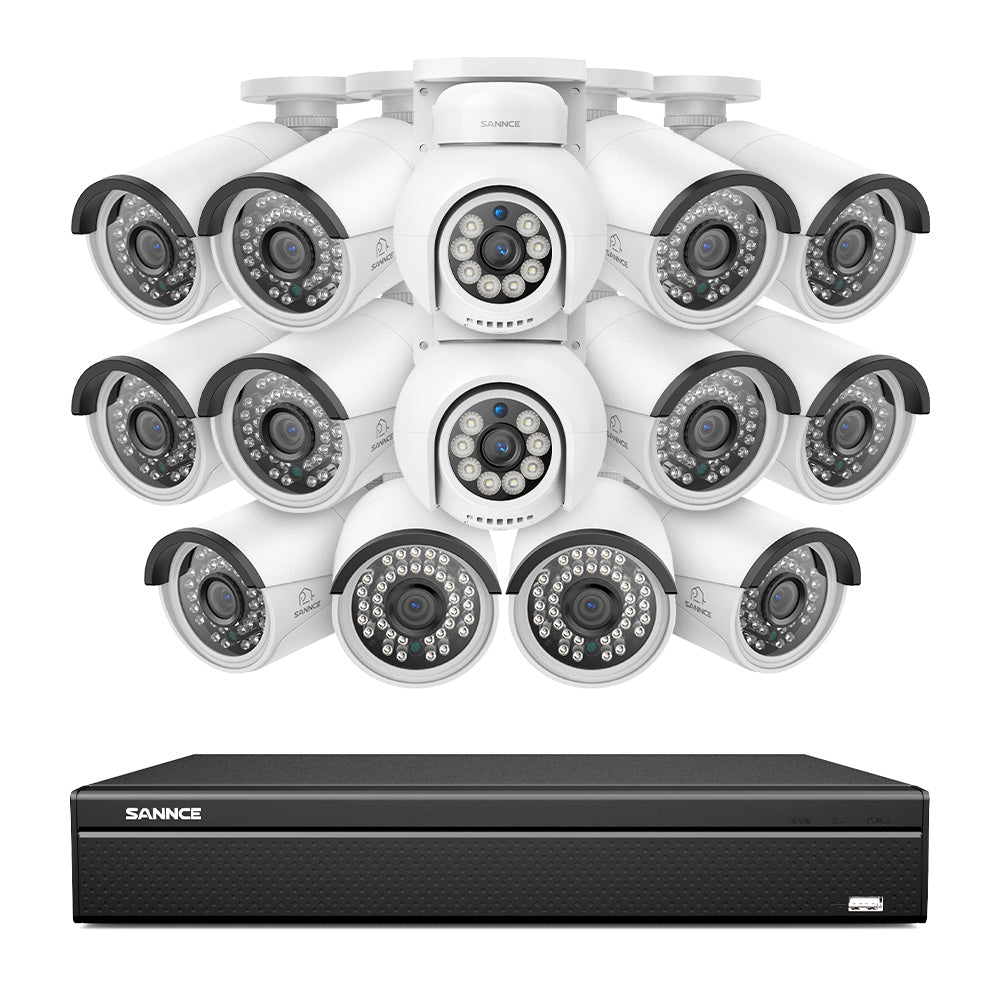 16 canaux 4K PoE PTZ Système de caméras de sécurité, 8MP caméras IP PoE extérieures , Pan & Tilt, NVR compatible ONVIF, audio bidirectionnel, détection intelligente humaine/vehicule (2x caméras PT+12x caméras IP)