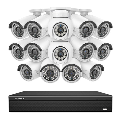 16 canaux 4K PoE PTZ Système de caméras de sécurité, 8MP caméras IP PoE extérieures , Pan & Tilt, NVR compatible ONVIF, audio bidirectionnel, détection intelligente humaine/vehicule (2x caméras PT+12x caméras IP)