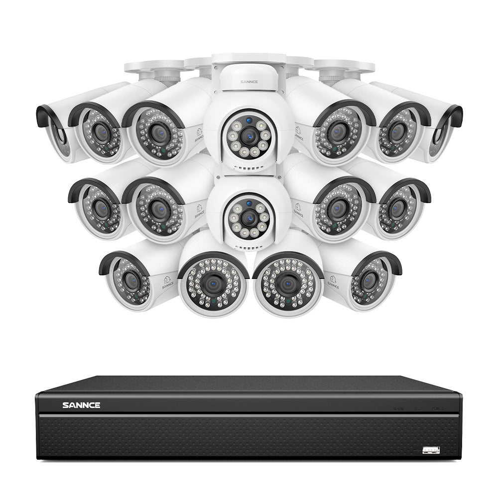 16 canaux 4K PoE PTZ Système de caméras de sécurité, 8MP caméras IP PoE extérieures , Pan & Tilt, NVR compatible ONVIF, audio bidirectionnel, détection intelligente humaine/vehicule (2x caméras PT+14x caméras IP)