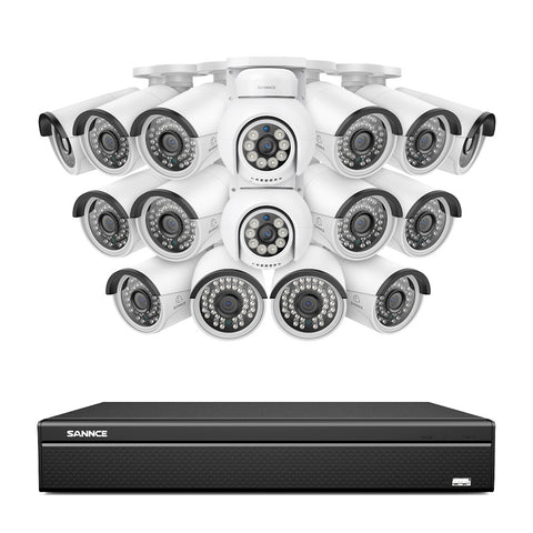 16 canaux 4K PoE PTZ Système de caméras de sécurité, 8MP caméras IP PoE extérieures , Pan & Tilt, NVR compatible ONVIF, audio bidirectionnel, détection intelligente humaine/vehicule (2x caméras PT+14x caméras IP)