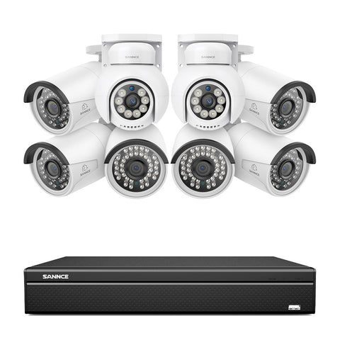 16 canaux 4K PoE PTZ Système de caméras de sécurité, 8MP caméras IP PoE extérieures , Pan & Tilt, NVR compatible ONVIF, audio bidirectionnel, détection intelligente humaine/vehicule (6x caméras PT+2x caméras IP)