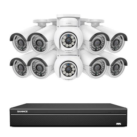 16 canaux 4K PoE PTZ Système de caméras de sécurité, 8MP caméras IP PoE extérieures , Pan & Tilt, NVR compatible ONVIF, audio bidirectionnel, détection intelligente humaine/vehicule (2x caméras PT+8x caméras IP)