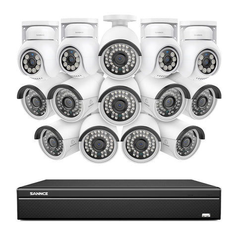 16 canaux 4K PoE PTZ Système de caméras de sécurité, 8MP caméras IP PoE extérieures , Pan & Tilt, NVR compatible ONVIF, audio bidirectionnel, détection intelligente humaine/vehicule (4x caméras PT+10x caméras IP)