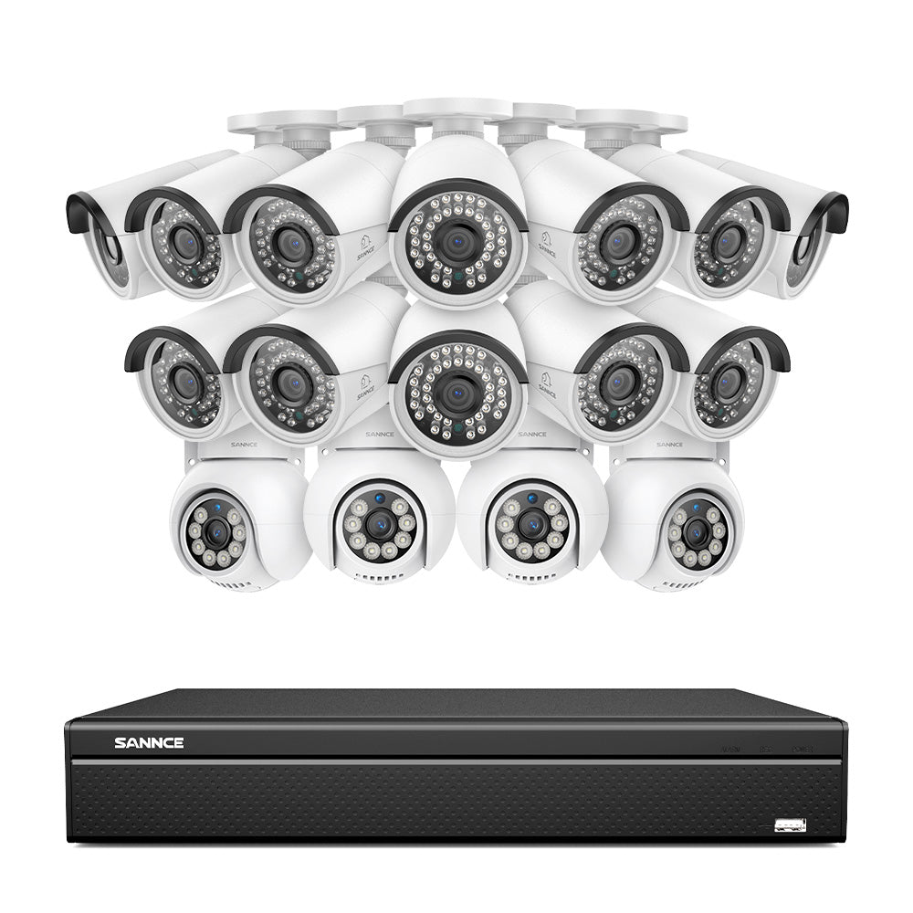 16 canaux 4K PoE PTZ Système de caméras de sécurité, 8MP caméras IP PoE extérieures , Pan & Tilt, NVR compatible ONVIF, audio bidirectionnel, détection intelligente humaine/vehicule (4x caméras PT+12x caméras IP)