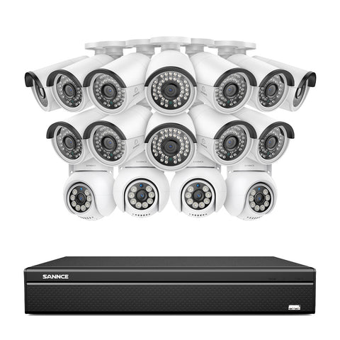 16 canaux 4K PoE PTZ Système de caméras de sécurité, 8MP caméras IP PoE extérieures , Pan & Tilt, NVR compatible ONVIF, audio bidirectionnel, détection intelligente humaine/vehicule (4x caméras PT+12x caméras IP)