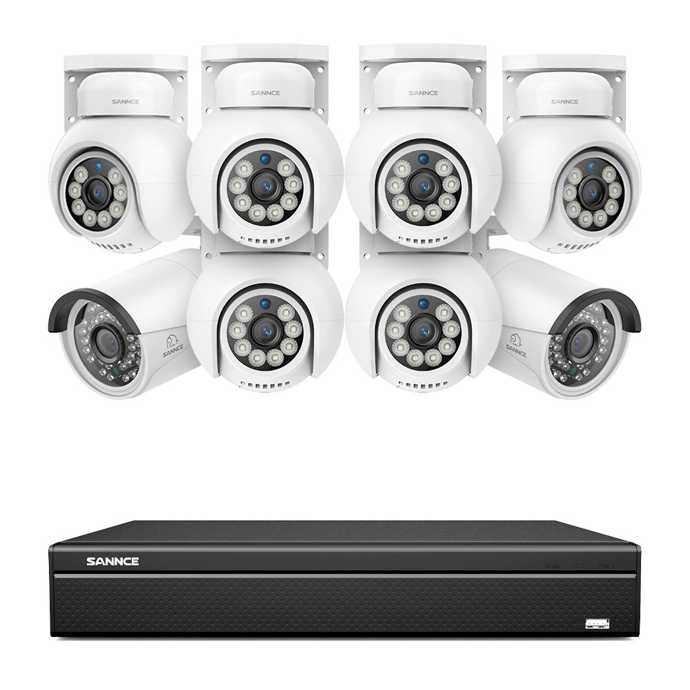 16 canaux 4K PoE PTZ Système de caméras de sécurité, 8MP caméras IP PoE extérieures , Pan & Tilt, NVR compatible ONVIF, audio bidirectionnel, détection intelligente humaine/vehicule (2x caméras PT+6x caméras IP)