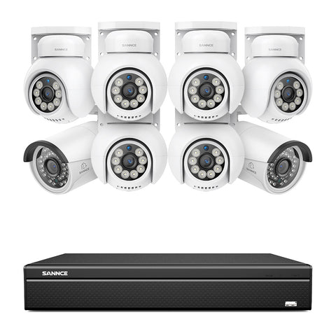 16 canaux 4K PoE PTZ Système de caméras de sécurité, 8MP caméras IP PoE extérieures , Pan & Tilt, NVR compatible ONVIF, audio bidirectionnel, détection intelligente humaine/vehicule (2x caméras PT+6x caméras IP)