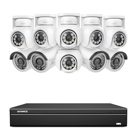 16 canaux 4K PoE PTZ Système de caméras de sécurité, 8MP caméras IP PoE extérieures , Pan & Tilt, NVR compatible ONVIF, audio bidirectionnel, détection intelligente humaine/vehicule (6x caméras PT+4x caméras IP)