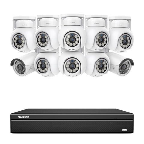 16 canaux 4K PoE PTZ Système de caméras de sécurité, 8MP caméras IP PoE extérieures , Pan & Tilt, NVR compatible ONVIF, audio bidirectionnel, détection intelligente humaine/vehicule (8x caméras PT+2x caméras IP)