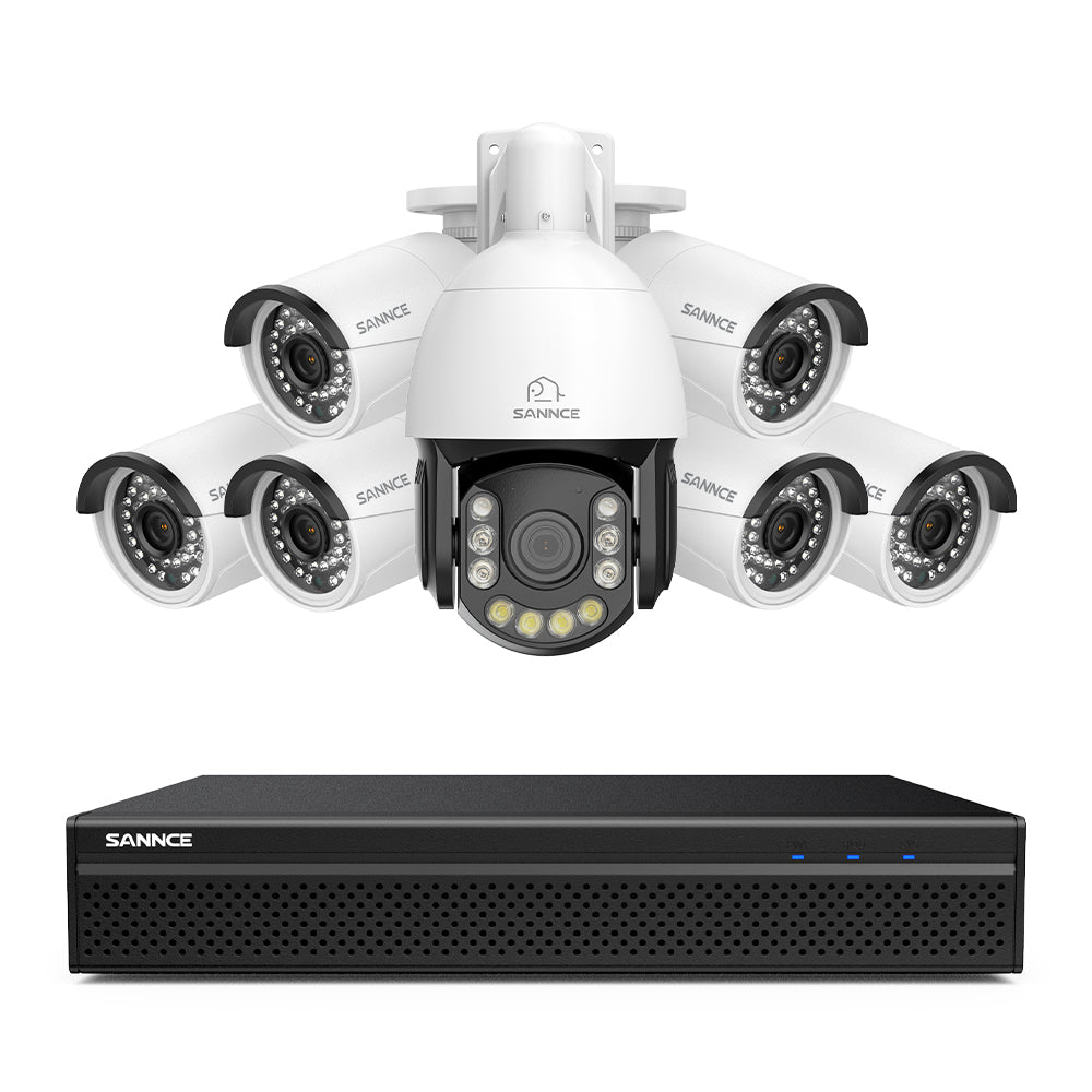Système de Surveillance NVR PoE 4K à 8 Canaux avec 7 Caméras 8MP, 1 PTZ Zoom Optique 20X + 6 Caméras Bullet IP, Suivi Automatique, Audio Bidirectionnel, Vision Nocturne