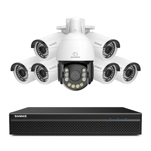 Système de Surveillance NVR PoE 4K à 8 Canaux avec 7 Caméras 8MP, 1 PTZ Zoom Optique 20X + 6 Caméras Bullet IP, Suivi Automatique, Audio Bidirectionnel, Vision Nocturne