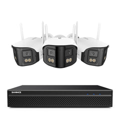 FDQ400 Système de vidéosurveillance PoE 4K à double objectif 10 canaux, NVR 8MP + 3 caméras IP WiFi & PoE 4MP, ultra grand-angle 170°, vision nocturne couleur ultra-performante en basse lumière, audio bidirectionnel, détection des personnes par IA
