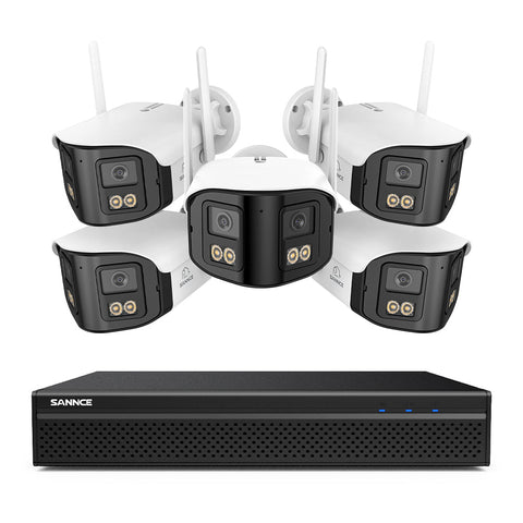FDQ400 Système de vidéosurveillance PoE 4K 10 canaux, NVR 8MP + 5 caméras IP 4MP Wi-Fi/PoE, double objectif, angle 170°, vision nocturne couleur, audio bidirectionnel, détection humaine IA