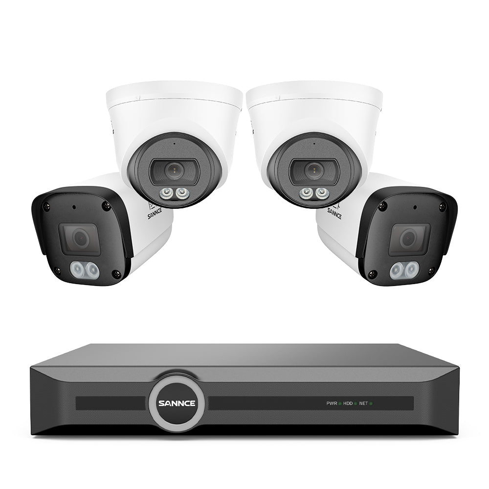 Système de vidéosurveillance PoE 4K avec audio, détection par IA, vision nocturne couleur à double éclairage, étanchéité IP67 (NVR 8 canaux + 4 caméras)