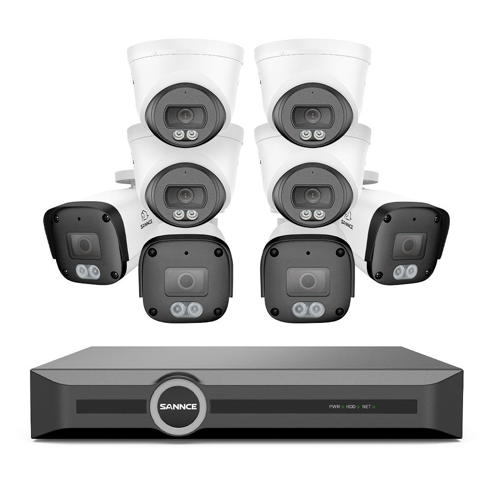 Système de vidéosurveillance PoE 4K avec audio, compression S+265, détection par IA, vision nocturne couleur à double éclairage, étanchéité IP67 (NVR 8 canaux + 8 caméras)