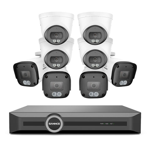 Système de vidéosurveillance PoE 4K avec audio, compression S+265, détection par IA, vision nocturne couleur à double éclairage, étanchéité IP67 (NVR 8 canaux + 8 caméras)