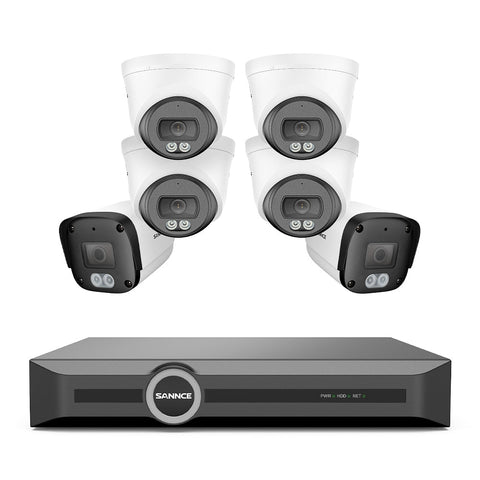 Système de vidéosurveillance PoE 4K avec audio, compression S+265, détection par IA, vision nocturne couleur à double éclairage, étanchéité IP67 (NVR 8 canaux + 6 caméras)