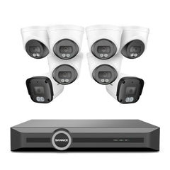 Système de caméras de surveillance PoE 4K avec audio, compression S+265, détection intelligente par IA, vision nocturne couleur à double éclairage, IP67 étanche (NVR 8 canaux + 8 caméras)