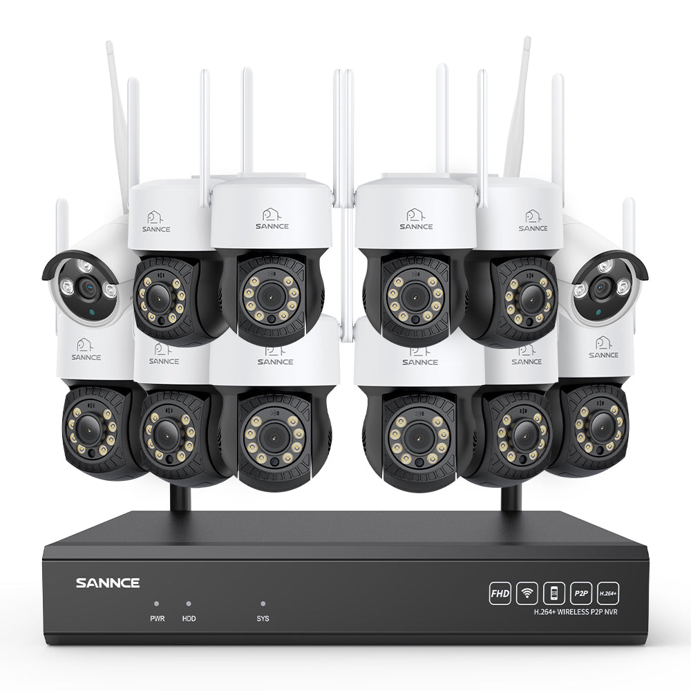 Système de vidéosurveillance sans fil 5MP à 16 canaux avec caméras PT, NVR 8MP, caméras IP WiFi 5MP Pan & Tilt, enregistrement audio, détection humaine par IA, compatible avec Alexa (10 caméras PT, 2 caméras Bullet et NVR 16CH 8MP)