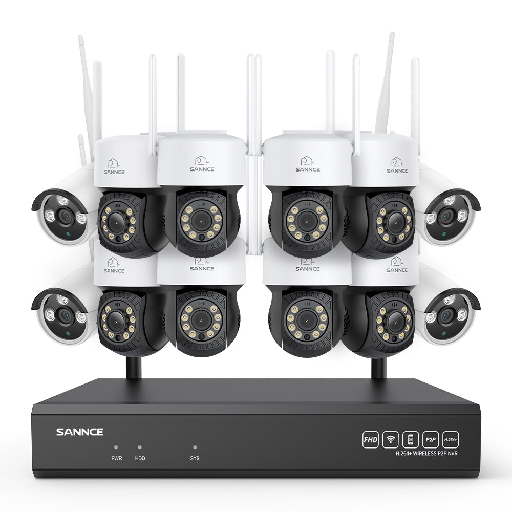 Système de vidéosurveillance sans fil 5MP à 16 canaux avec caméras PT, NVR 8MP, caméras IP WiFi 5MP Pan & Tilt, enregistrement audio, détection humaine par IA, compatible avec Alexa (8 caméras PT, 4 caméras Bullet et NVR 16CH 8MP)