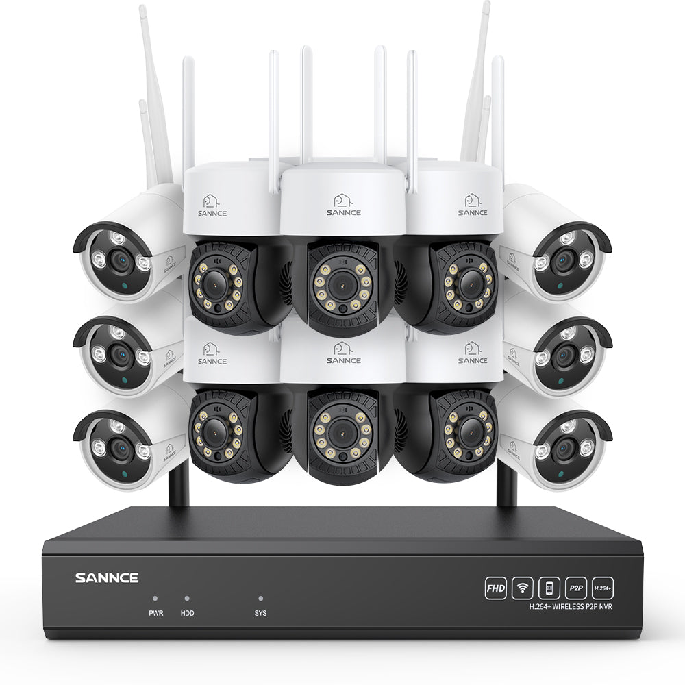 Système de vidéosurveillance sans fil 5MP à 16 canaux avec caméras PT, NVR 8MP, caméras IP WiFi 5MP Pan & Tilt, enregistrement audio, détection humaine par IA, compatible avec Alexa (6 caméras PT, 6 caméras Bullet et NVR 16CH 8MP)