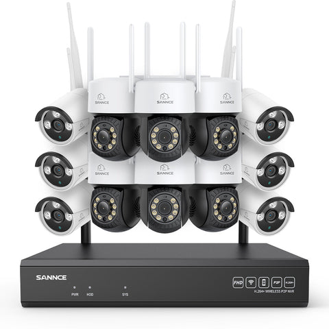 Système de vidéosurveillance sans fil 5MP à 16 canaux avec caméras PT, NVR 8MP, caméras IP WiFi 5MP Pan & Tilt, enregistrement audio, détection humaine par IA, compatible avec Alexa (6 caméras PT, 6 caméras Bullet et NVR 16CH 8MP)