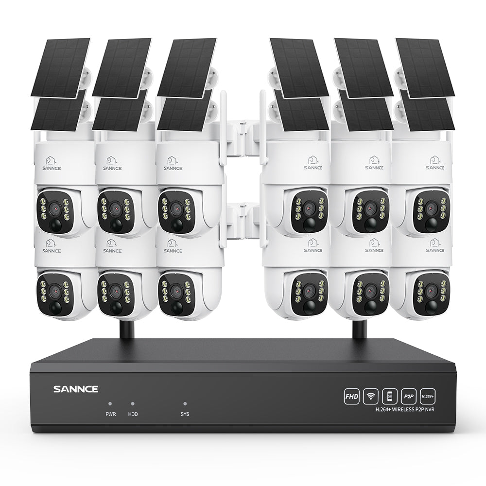 Système de vidéosurveillance WiFi 4MP avec NVR 16 canaux et 12 caméras PTZ solaires, Wi-Fi 6 double bande, détection IA + PIR, batterie 8000 mAh, vision nocturne couleur et audio bidirectionnel