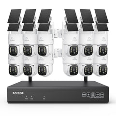 Système de vidéosurveillance WiFi 4MP avec NVR 16 canaux et 12 caméras PTZ solaires, Wi-Fi 6 double bande, détection IA + PIR, batterie 8000 mAh, vision nocturne couleur et audio bidirectionnel
