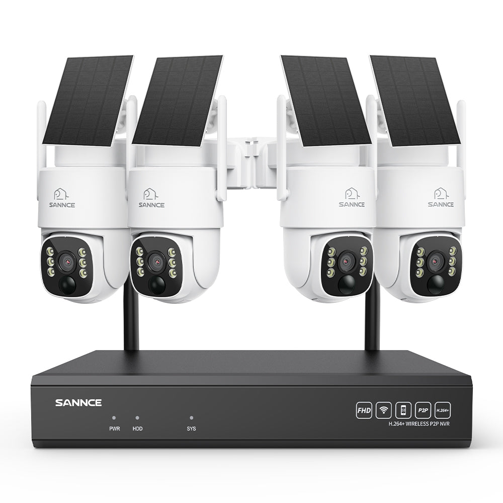 Système de vidéosurveillance WiFi 4MP avec NVR 16 canaux et 4 caméras PTZ solaires, Wi-Fi 6 double bande, détection IA + PIR, batterie 8000 mAh, vision nocturne couleur et audio bidirectionnel