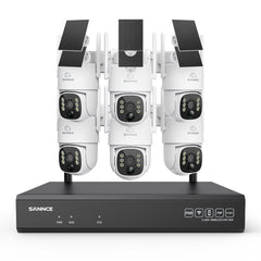 Système de vidéosurveillance WiFi 4MP avec NVR 16 canaux et 6 caméras PTZ solaires, Wi-Fi 6 double bande, détection IA + PIR, batterie 8000 mAh, vision nocturne couleur et audio bidirectionnel